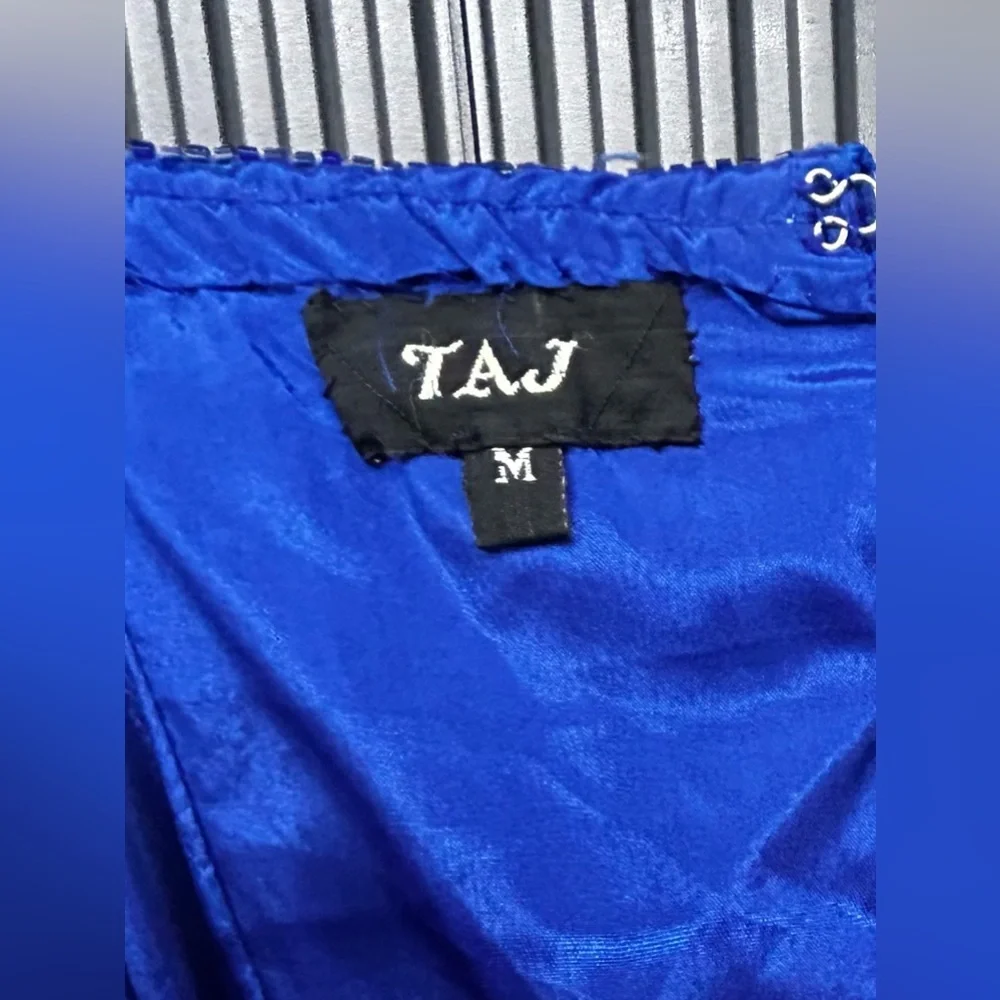 Womens Vintage TAJ Designer Sequin 70s Hand Crafted Blue Gold Strap Dress Medium - Picture 5 of 5